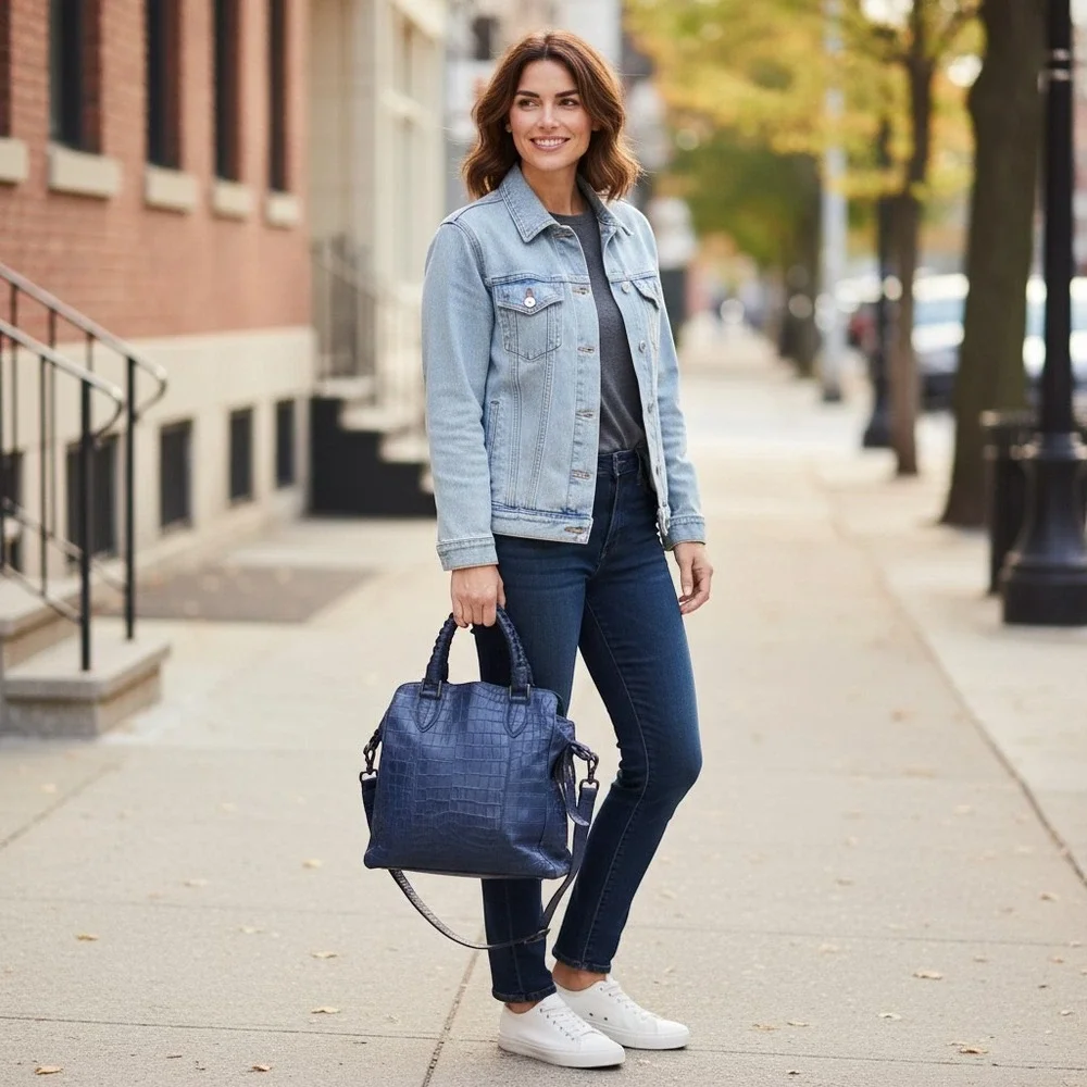 Falor Tote Bag Large Blue Croc Embossed Leather Braided Handles Made in Italy